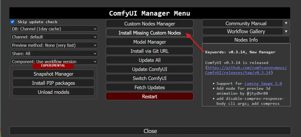 「Install Missing Custom Nodes」をクリックする画像