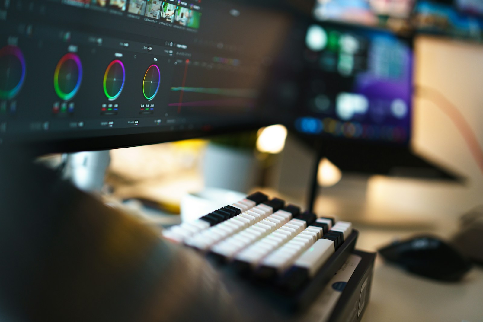 A close up of a computer monitor with a keyboard and mouse