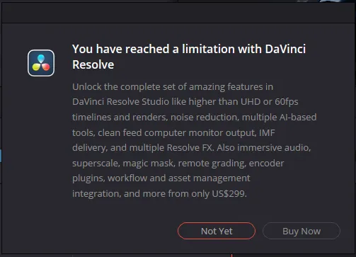 Davinci Resolve無料版では機能を制限されていることを示す画像